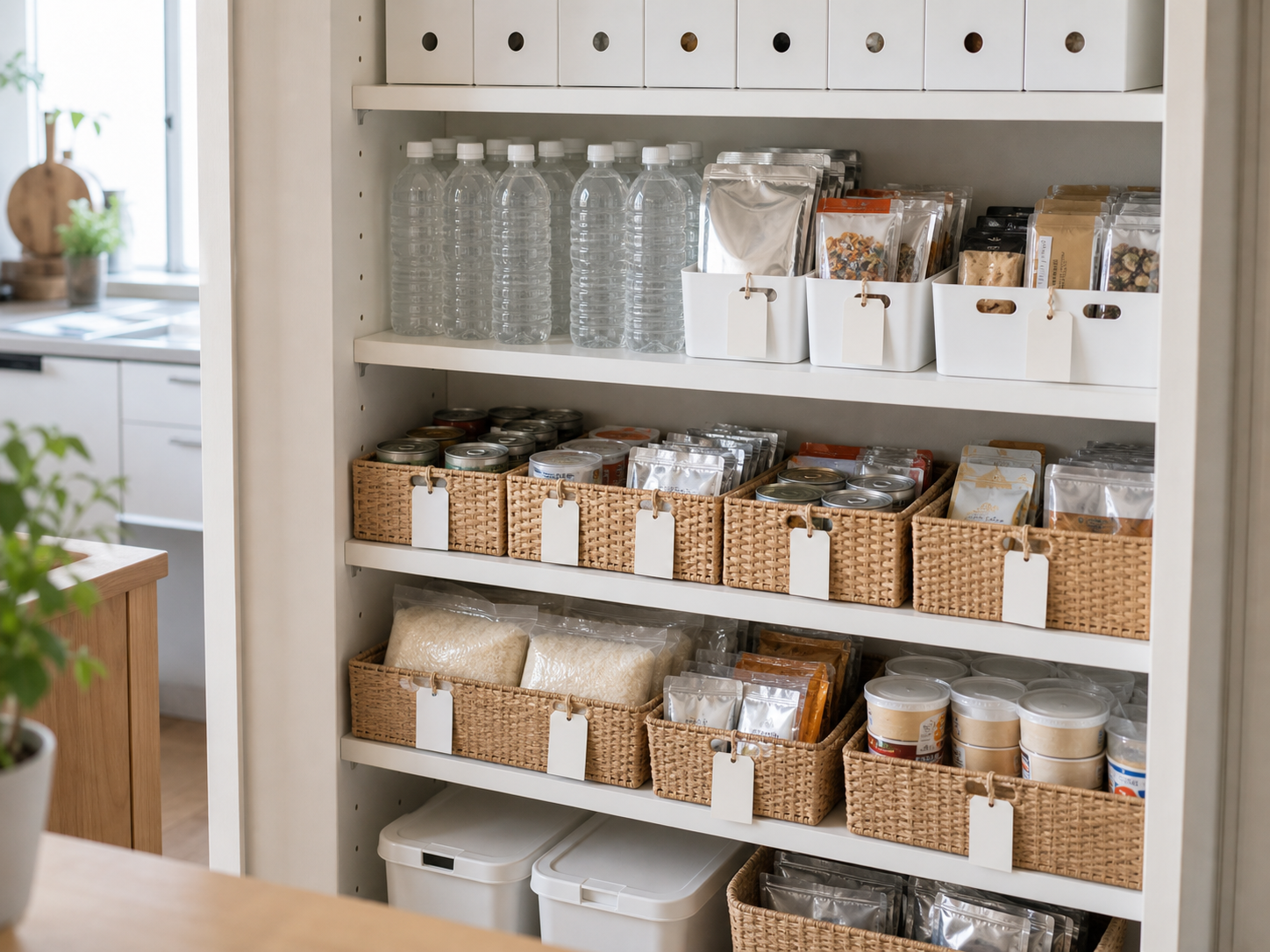 常温食品や米を小さな棚で管理するローリングストックの例